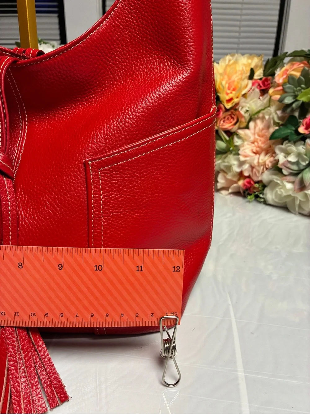 LAGGO Andrea Pebbled Leather Hobo Shoulder Bag Red Tassel Front Pockets Large